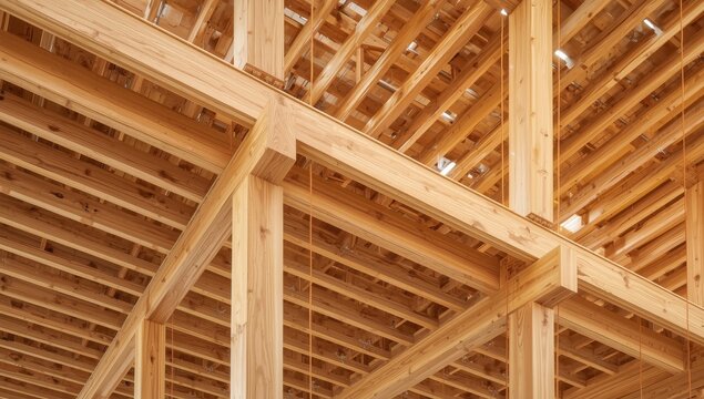 Close-up of laminated columns and floor panels in a multi-story, eco-friendly mass timber apartment or office building project