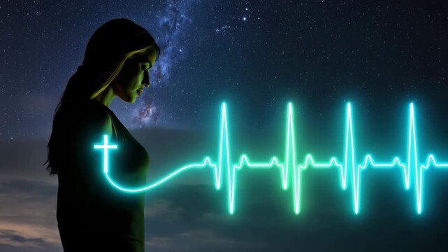Silhouette of a woman with a glowing Christian cross and neon heartbeat line. Spirituality and faith concept with changing colors. Copy space