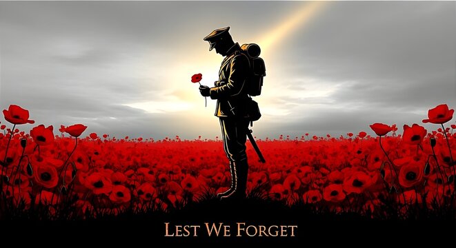 Vimy Ridge Day memorial illustration featuring a soldier silhouette in a poppy field at sunset. Remembrance of Canadian military history, battle of Vimy Ridge, and fallen war heroes.
