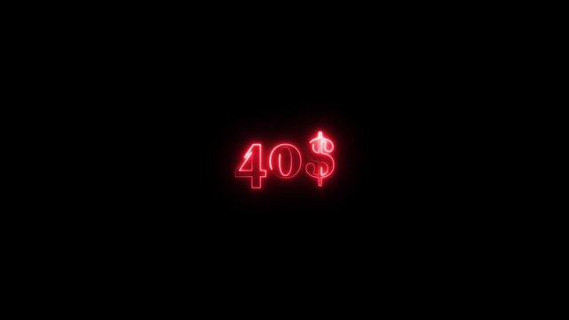 Red color Dollar symbol animation on black background. Glowing neon dollar logo icon animated. Neon forty dollar sign.