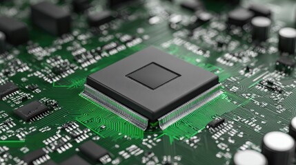 Obraz premium Close-Up View of a Black Microchip on a Green Circuit Board Surrounded by Electronic Components and Components