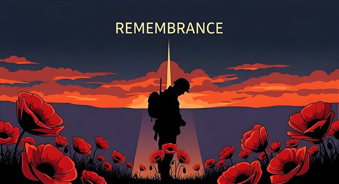 Vimy Ridge Day memorial illustration featuring a soldier silhouette in a poppy field at sunset. Remembrance of Canadian military history, battle of Vimy Ridge, and fallen war heroes.