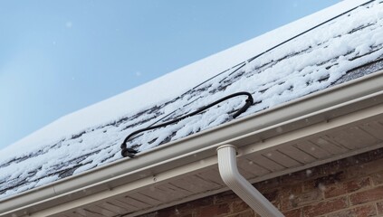 Fototapeta premium Roof heating cable combats icing; black wire secures to shingles to safeguard against icicles and snowdrifts