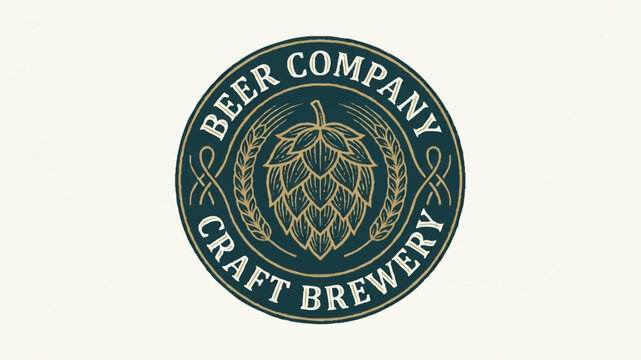 Craft Beer Company Brewery Emblem with Hop and Wheat Design.