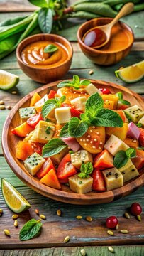 A photo of a vibrant Malaysian Rojak Buah Fruit Salad with spicy peanut sauce, colorful fruits sliced into bitesized pieces arranged on a rustic wood