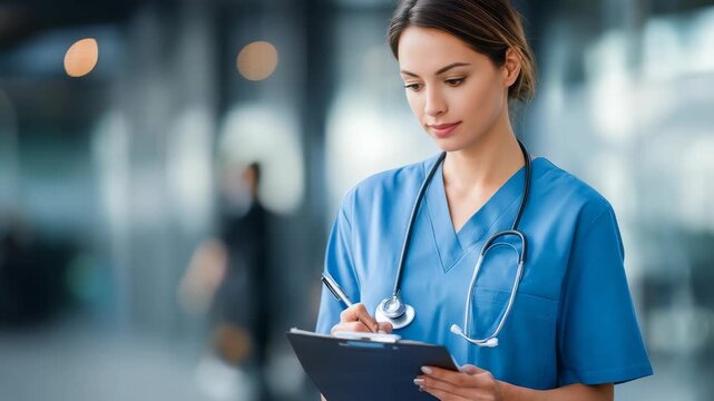 Young nurse with stethoscope stands in a bright medical facility, recording important information. She demonstrates dedication, professionalism, and compassion in a contemporary healthcare environment