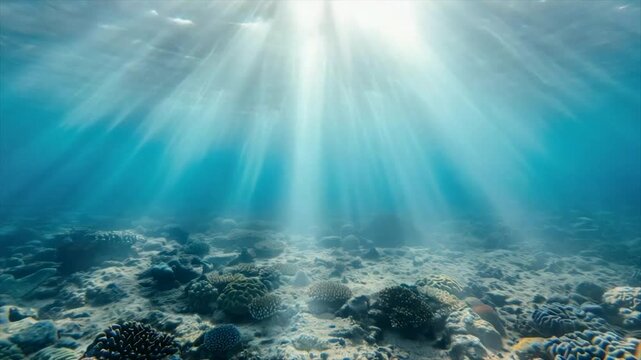 Underwater scene depicts sunlight streaming through water onto a coral reef