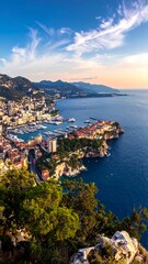 A serene coastal town on a cliffside overlooking the ocean at sunset