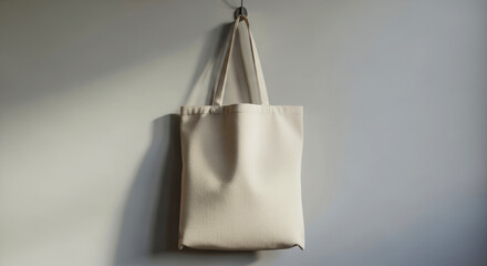 Simple off-white canvas tote bag hangs from a small hook on a plain light gray wall, creating a clean background for branding concepts.