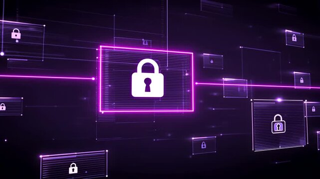 Digital image depicts a network grid with illuminated squares and lines. A lock icon is centered