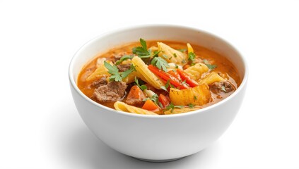 A bowl of rich peanut soup with beef, pasta, vegetables, and herbs, served with crispy potatoes. Traditional Latin American dish. Isolated on white background
