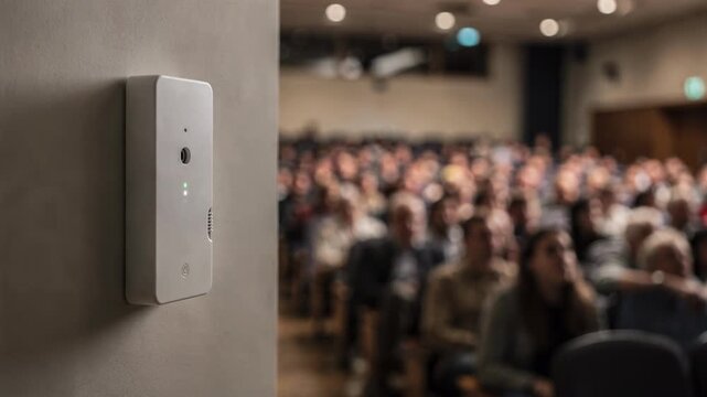 Closeup medium shot of wallmounted sensor tracking noise levels and crowd density in auditorium isolating device sharply from softfocus audience area.