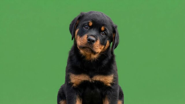 Adorable Rottweiler Puppy Portrait on Green