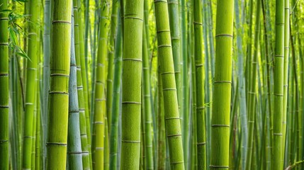Obraz premium Lush Green Bamboo Forest with Tall Stalks Surrounded by Natural Light and Detailed Textures in a Vibrant Outdoor Setting