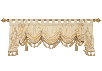 A luxurious beige curtain with intricate lace details and tassels hanging from a golden rod. isolated on transparent background