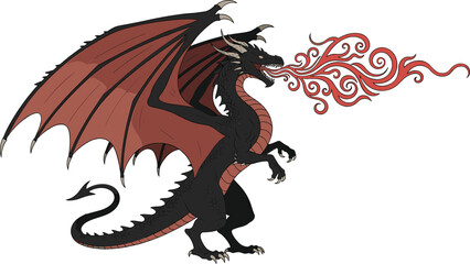 Fantasy Fire Breathing Dragon Vector Illustration with Large Wings and Red Flame Isolated Mythical Creature Design