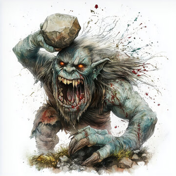 Drawing,  snarling goblin hefts a boulder, blood splattering as it roars in rage. The dynamic illustration captures raw fury, fantasy menace, and chaotic, monstrous energy.