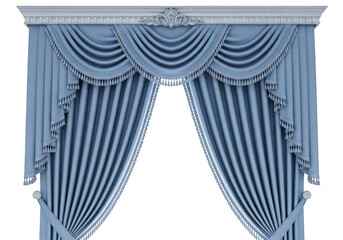 Luxurious blue curtains with ornate valance and tassels isolated on transparent background