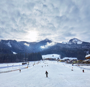 Small ski slope for children and beginners near Bramberg, in Salzburger Land, Austria.