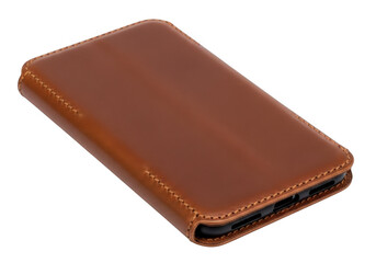 A brown leather wallet with a simple design and black interior isolated on transparent background