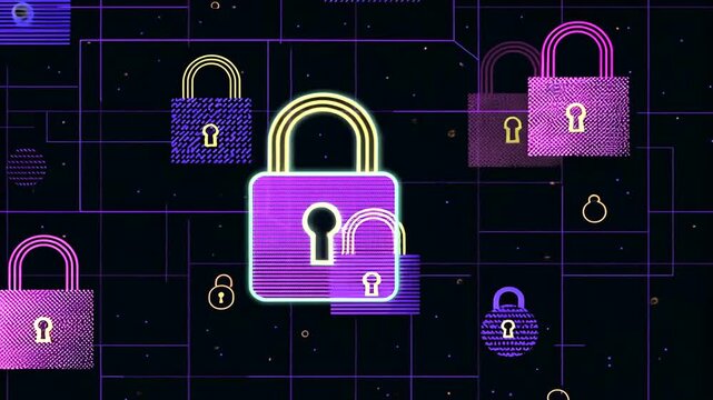 A digital illustration with various padlocks and a grid against a dark background, cyber security themed