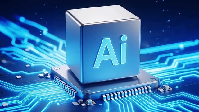 Futuristic AI chip with glowing 'AI' logo on circuit board, symbolizing artificial intelligence, machine learning, and next-gen computing technology.