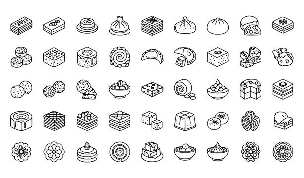 Oriental Confectionery Thin Line Vector Icons 30 Minimal Outline Pictogram Grid Collection