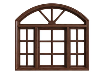 A brown wooden window frame with multiple panes and an arched top section. isolated on transparent background