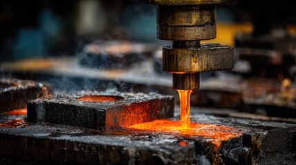 Molten Metal Flowing from Industrial Machine in Steel Manufacturing Process with Bright Orange Glow and Smoky Atmosphere