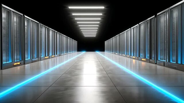 Server room with parallel rows of illuminated racks and a glowing blue pathway