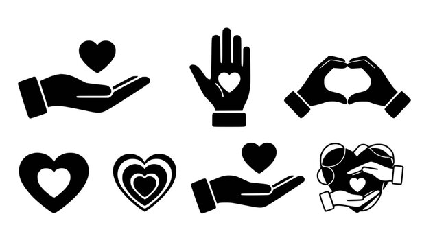 A set of black and white vector icons depicting hands holding hearts in various minimalist designs
