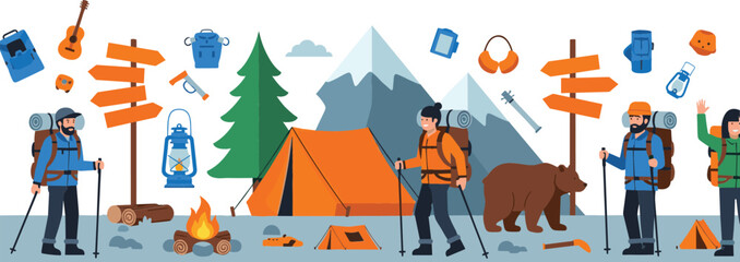 Flat Camping and Hiking Adventure Vector Illustration with Campers, Tent, Campfire, Forest, Mountains, Bear and Outdoor Equipment Elements © MstRozinaAkter