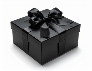 Obraz premium A sleek, square black gift box is tightly wrapped with a wide, lustrous black satin ribbon and a perfectly tied bow against a pure white background.