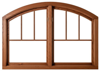 A wooden window frame with an arched top and multiple panes. isolated on transparent background