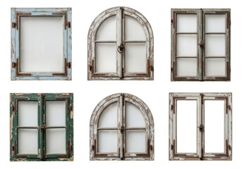 Vintage picture frames with ornate details and distressed finishes displayed together. isolated on transparent background