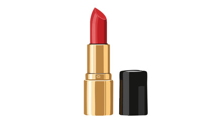 Open red lipstick in a gold tube with a black cap, isolated on a black background. Vector illustration of a cosmetic product.
