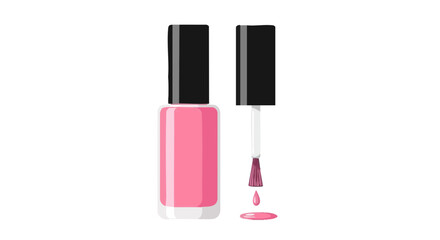Obraz premium Vector illustration of a pink nail polish bottle with a dripping applicator brush on a black background.