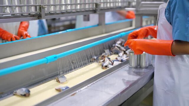 Factory worker working and sorting raw seafood on automated processing line in canned food manufacturing plant, hygiene control and quality inspection workflow in seafood production facility.
