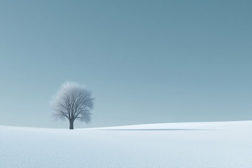 Solitary Winterscape: A lone tree stands elegantly in a vast snow-covered landscape under a clear, pale-blue sky, creating a serene and minimalist winter scene.