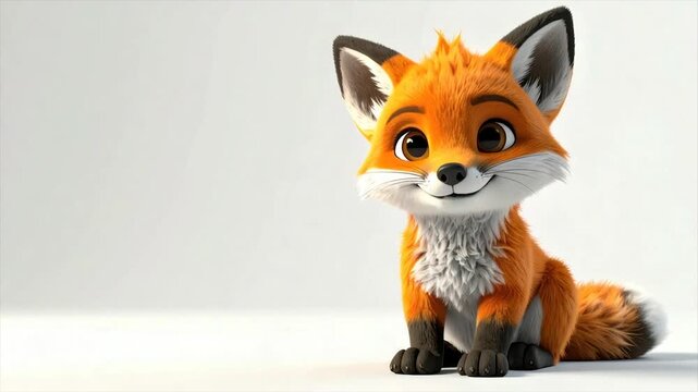 A vibrant orange cartoon fox with big brown eyes, sitting and smiling. It has white fur and a white background