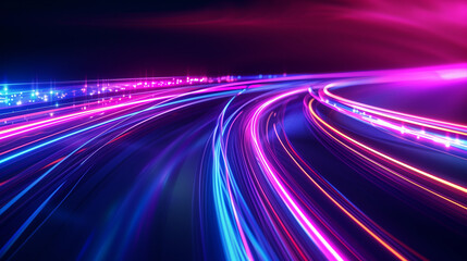 Digital Data Highway: A dynamic display of vibrant, flowing neon light trails on a dark backdrop, symbolizing the essence of modern data transmission and digital connectivity.