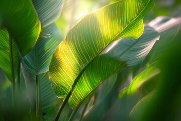 Sunlit Leaves: A captivating close-up showcases the intricate textures and vibrant hues of a large, sun-drenched tropical leaf, its surface illuminated by a gentle, natural light. 