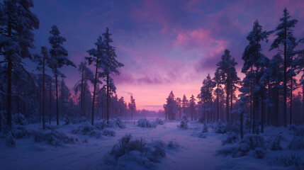 Frozen Serenity: The tranquil beauty of a winter wonderland unfolds as twilight casts a soft, ethereal glow over a snow-covered forest, painting the landscape with hues of purple and pink.