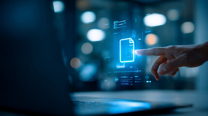 Digital Interface Interaction: A person's finger interacts with a digital document icon on a laptop screen, symbolizing modern technology and the digital age.