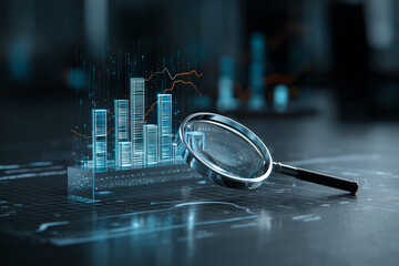 Data Analysis & Digital Insight: An illuminated graphic of digital bar graph accompanied by a magnifying glass, suggesting deep insights and scrutiny in a high-tech context.