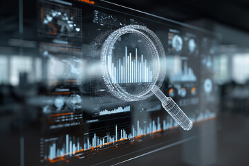 Digital Data Examination: A luminous magnifying glass hovers above a complex screen display of data analytics.