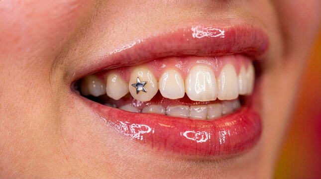 Close-up of Woman Smiling with Star Shaped Tooth Gem Jewelry
