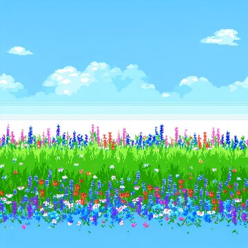 Seamless pattern of a fantasy meadow environment designed in pixel art with 16-bit retro game style and layered sky scenery