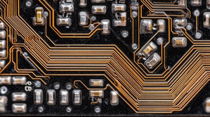 Close-up View of a Circuit Board with Intricate Pathways and Electronic Components