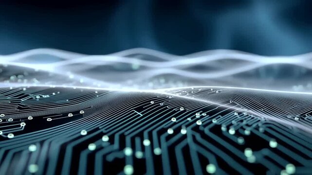Digital landscape with illuminated wavy circuit patterns and glowing data nodes
